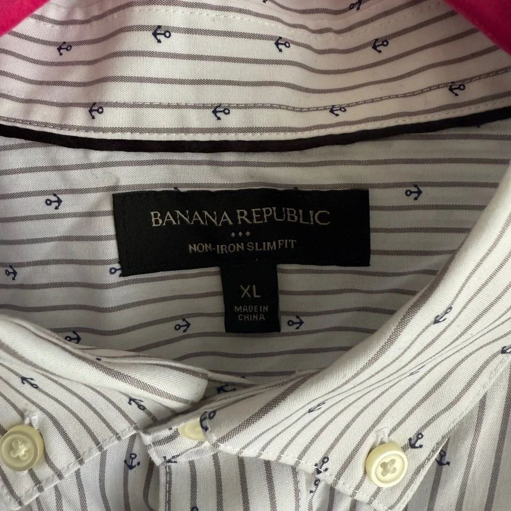 BANANA REPUBLIC White and Navy Anchor Mens Long Sleeve‎ Slim Fit Button Down, XL